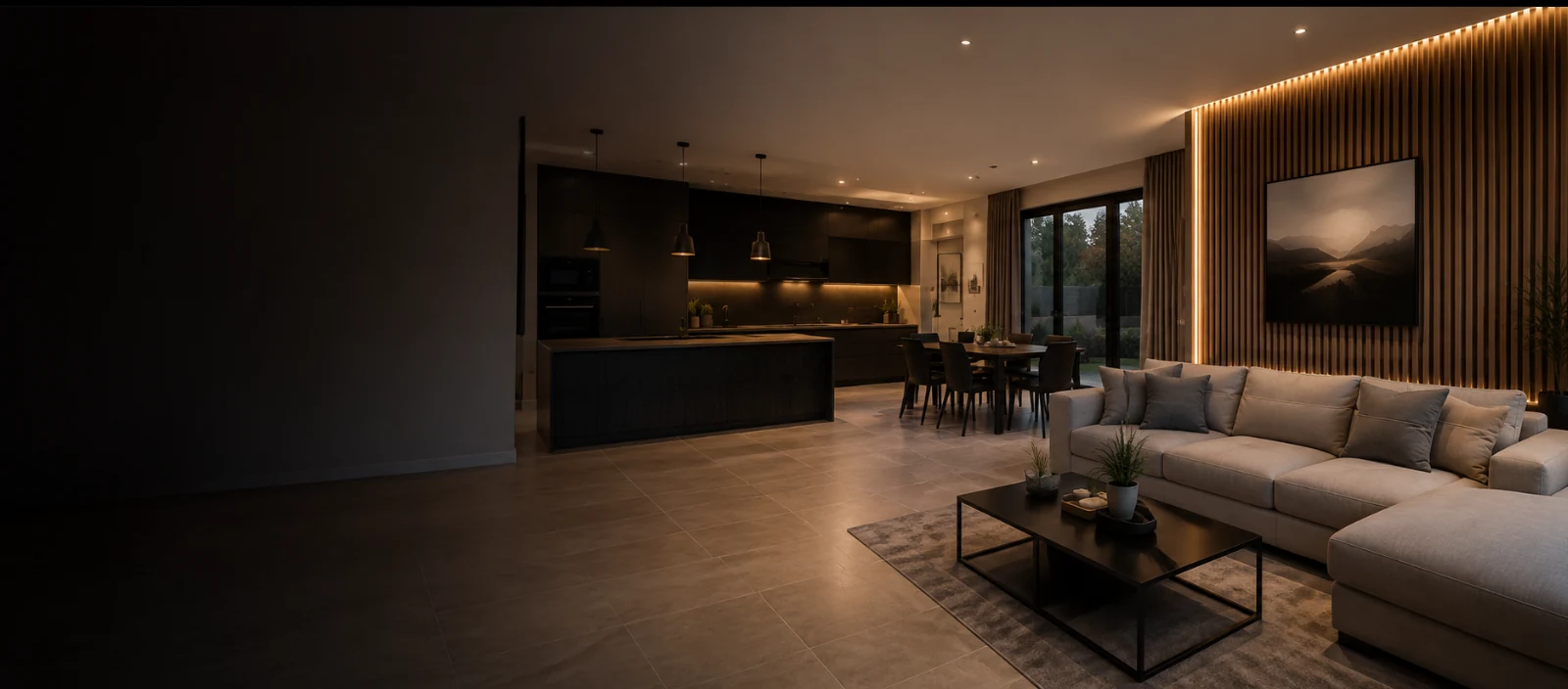 Premium contemporary open-plan interior with tiled floor and decorative wall finishes
