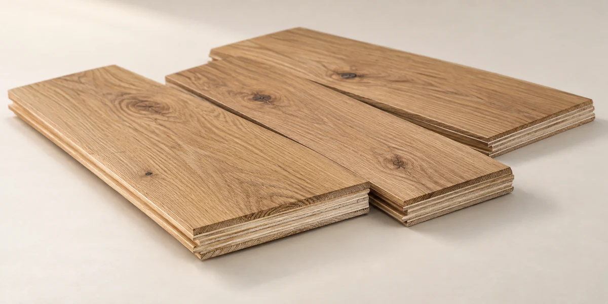 AI-generated illustration of engineered oak floorboards with a real wood surface over a visible plywood core