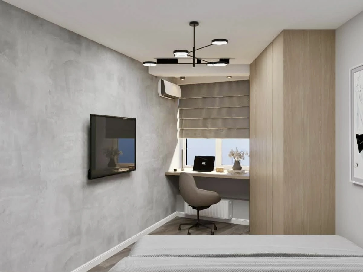 Bedroom with grey decorative wall finish