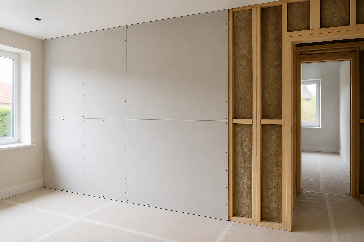 Illustrative plasterboard installation with exposed timber framing and insulation