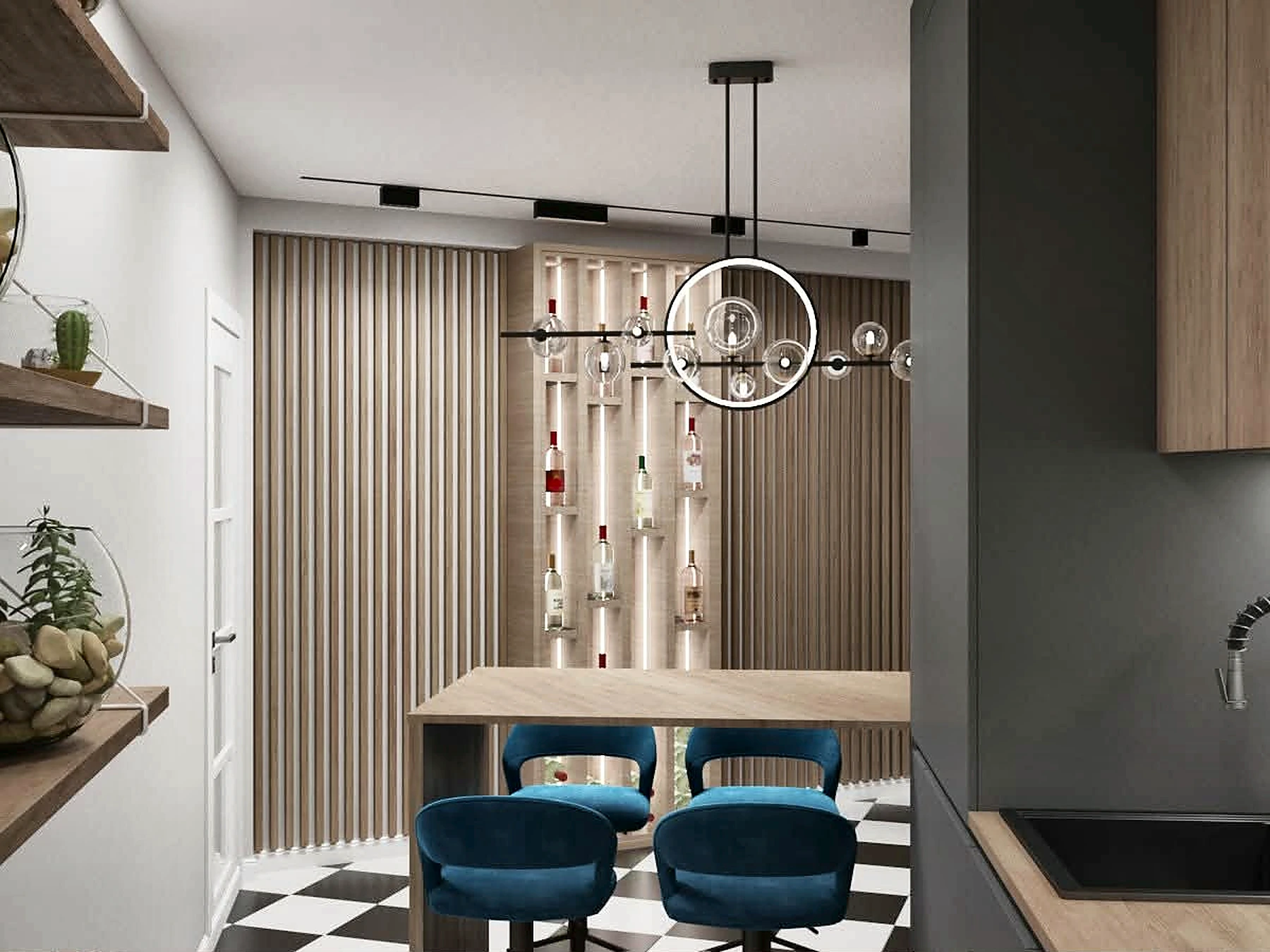 Dining-area design with illuminated timber slats
