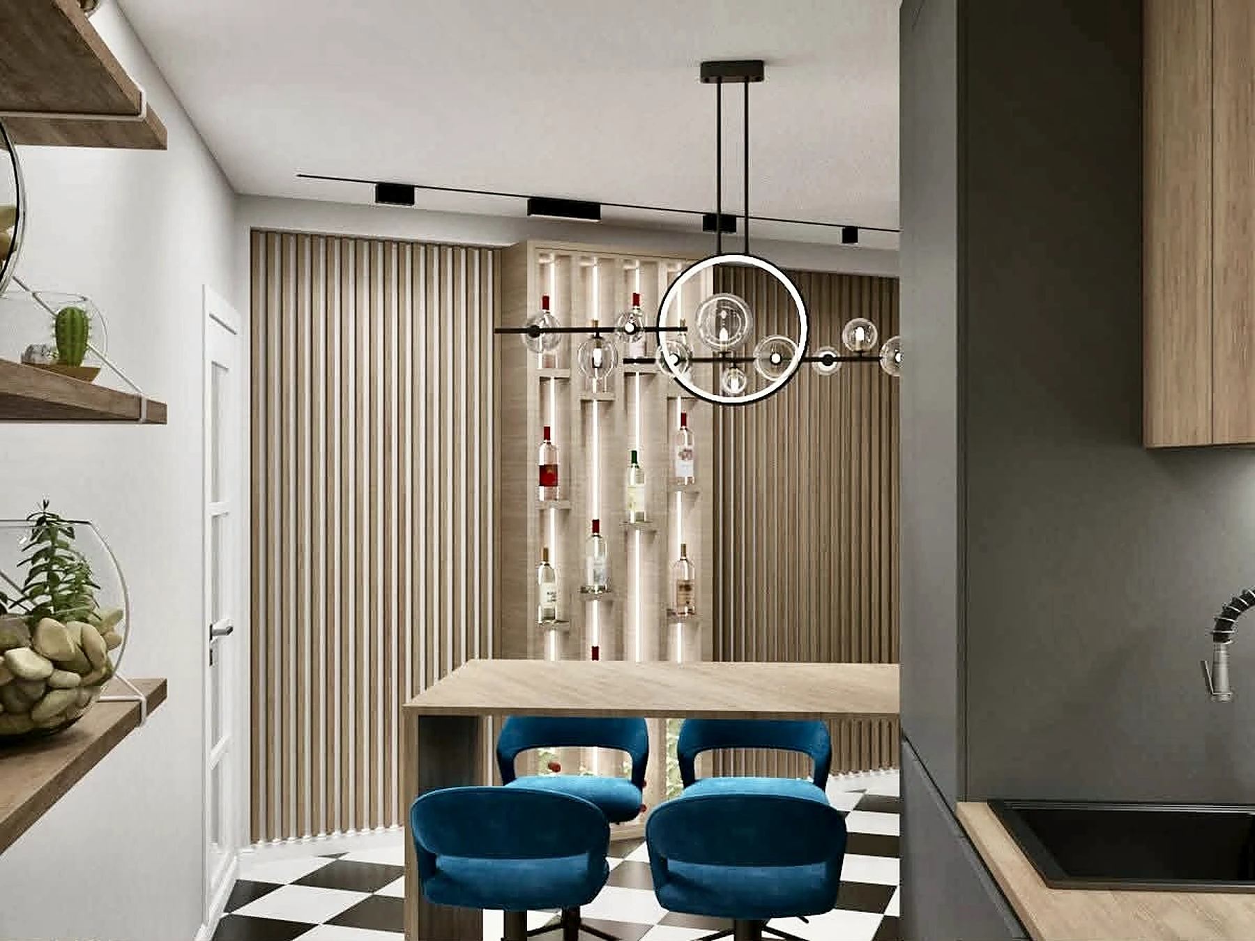 Kitchen-dining design with feature lighting