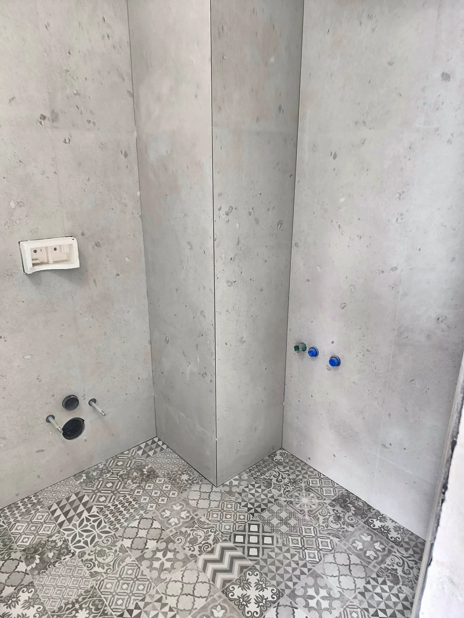 Patterned floor and wall tiles before final fit-out