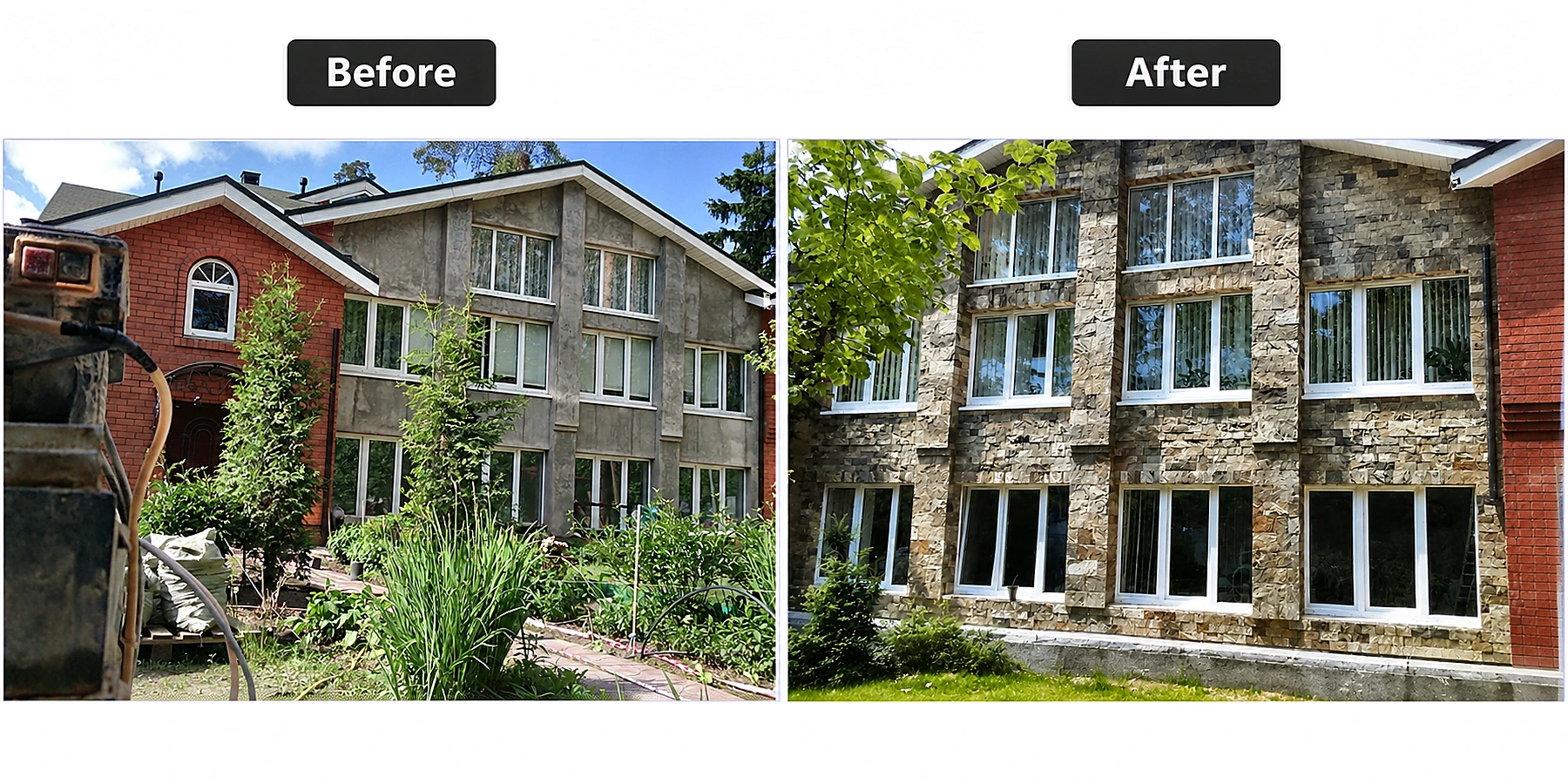 Exterior stone-cladding transformation — before and after