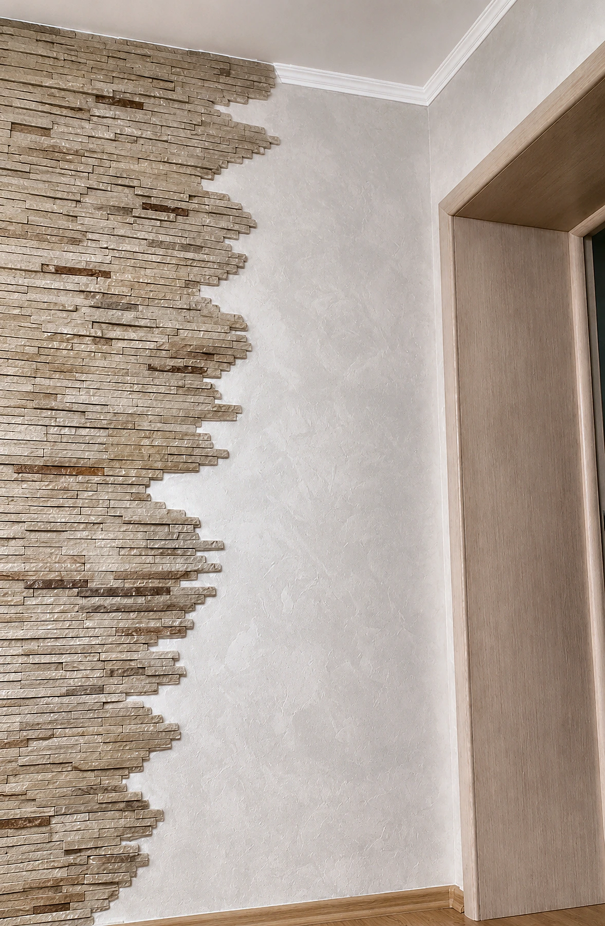 Decorative stone transition beside a doorway