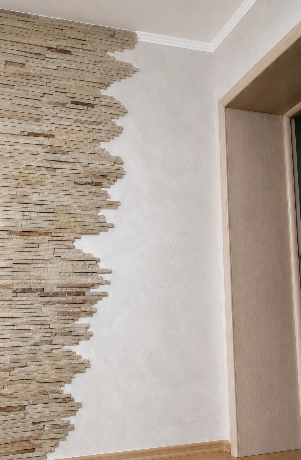 Decorative natural stone feature wall beside an interior doorway