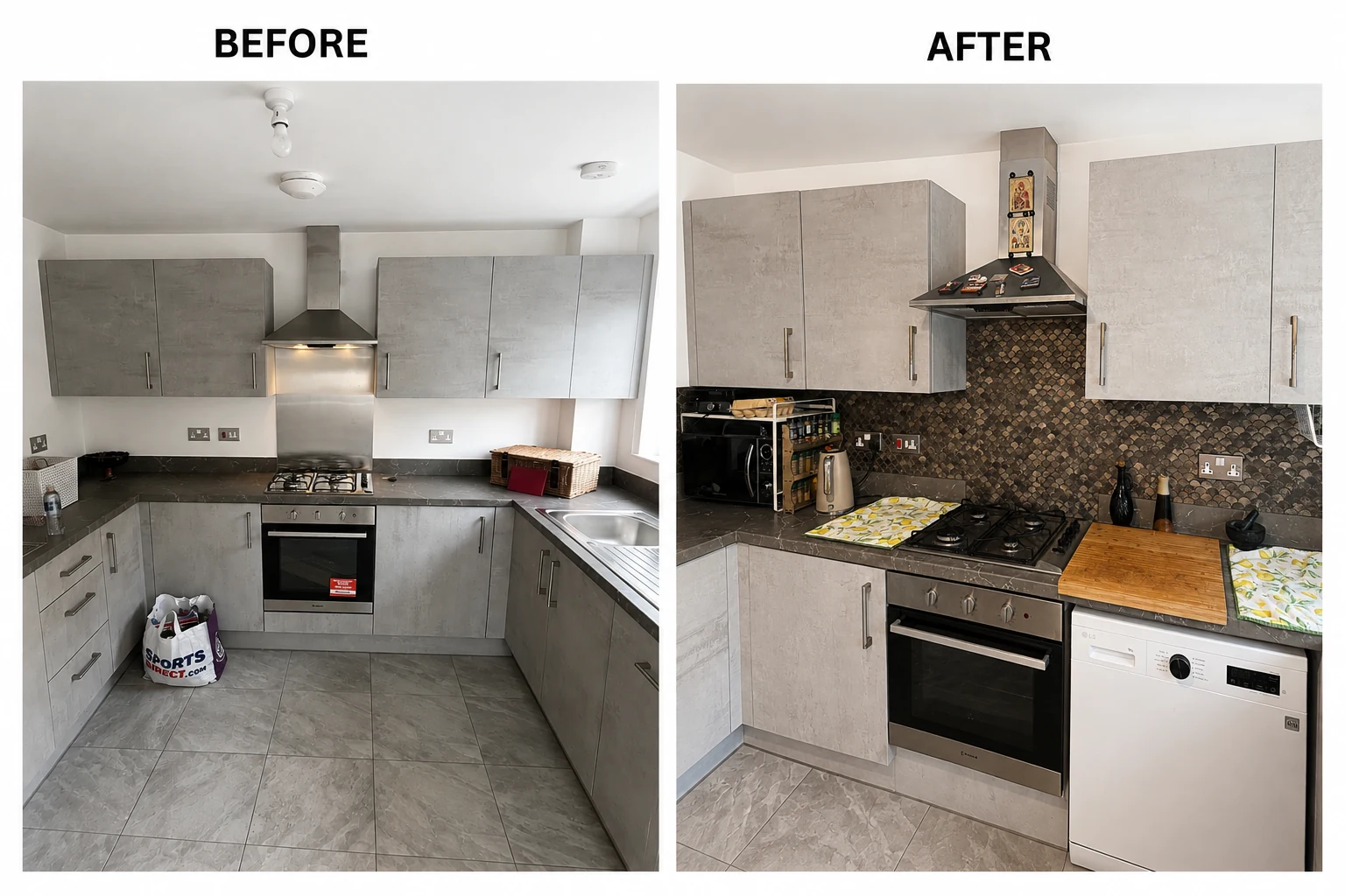 Before and after tiled kitchen splashback