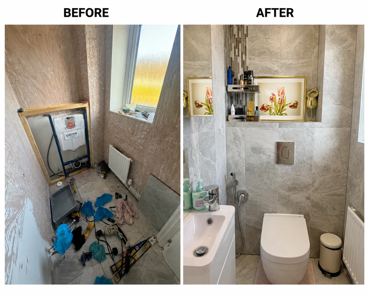Before and after tiled WC renovation